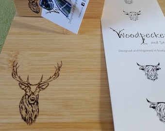 Natural Bamboo Set 1 Placemats and 1 Coasters Stag Engraved in UK Deer Head