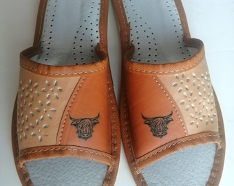 Womens Slippers Natural and Eco Leather Breathable Ladies Handmade Engraved in UK Highland Cow Head