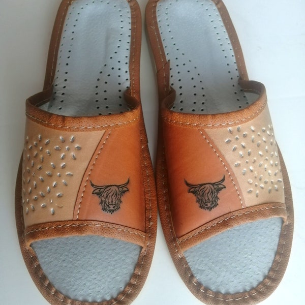 Womens Slippers Natural and Eco Leather Breathable Ladies Handmade Engraved in UK Highland Cow Head