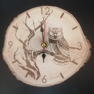 Engraved Clock Natural Wood Slice Owl Desk / Wall Clock