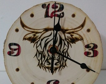 Desk / Wall Clock Natural Solid Wood Engraved Highland Cow Wooden Gift