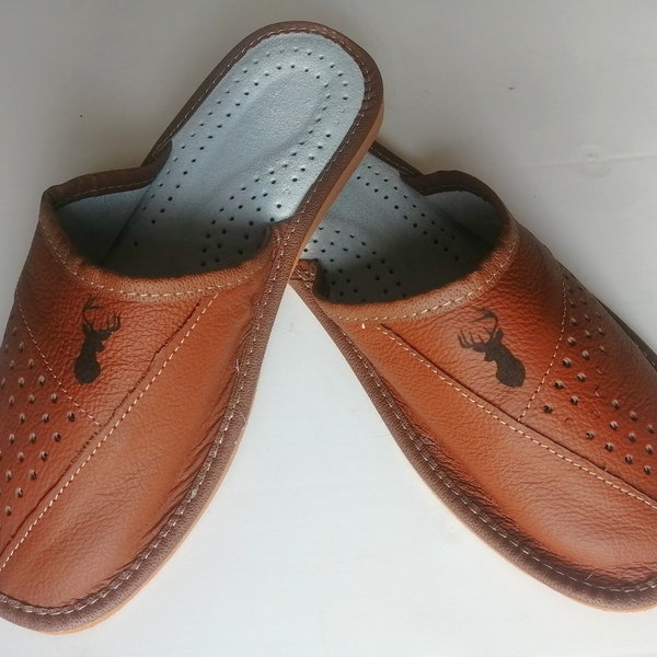 Mens Natural Leather Slippers Soft 100% Natural Made in EU Engraved in UK Deer Stag