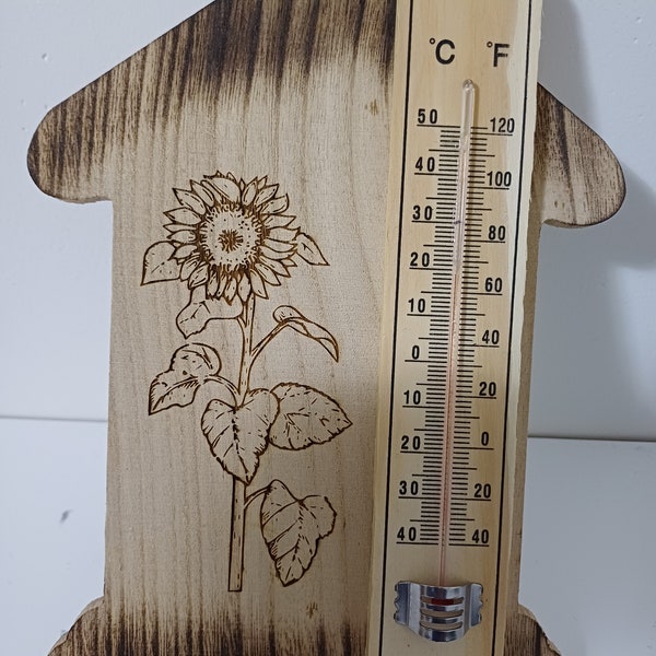 Wooden Plaque Standing Thermometer Engraved Sunflower