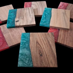 Personalised Handmade Resin & Wood Coaster Electric Turquoise Red Table Desk Gift Mat Beer Wine Tea Coasters