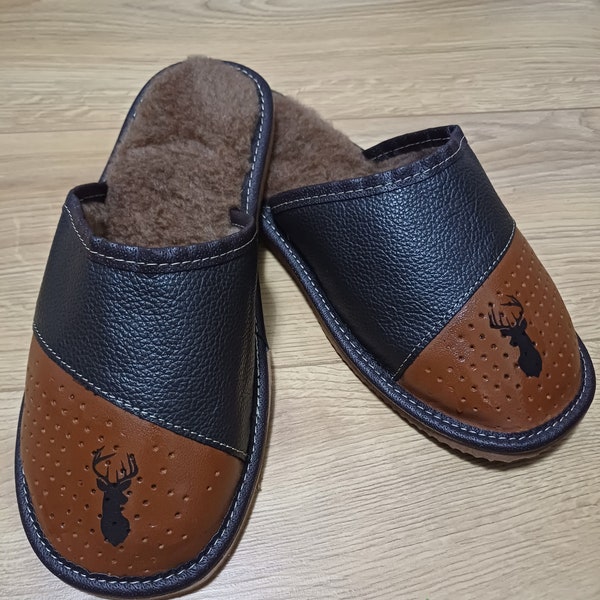 Men Slippers Natural Leather Fur Winter Warm and Comfortable Indoor Shoes with Fur Engraved in UK Stag  Deer Gift for Him