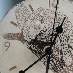 Natural wood Wall / Table Clock  Engraved Loepard, Wild cat on the Tree