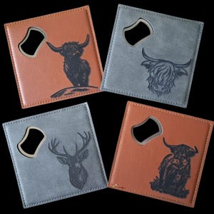 Personalized Leather Coaster Bottle Opener Engraved Stag or Highland Cow Birthday Gift