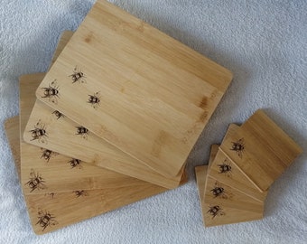 Wooden Table Set 1 Placemat and 1 Coaster Bee Engraved in UK Table Wood Gift