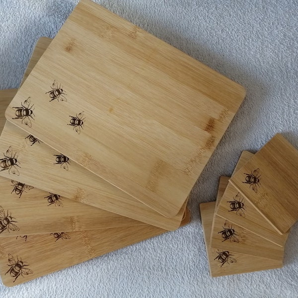 Natural Bamboo Set 1 Placemat and 1 Coaster Bee Engraved in Scotland