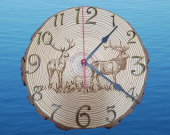 Handmade Wooden Wall Clock Engraved Deer on Grass Natural Slice Wood Birthday Gift