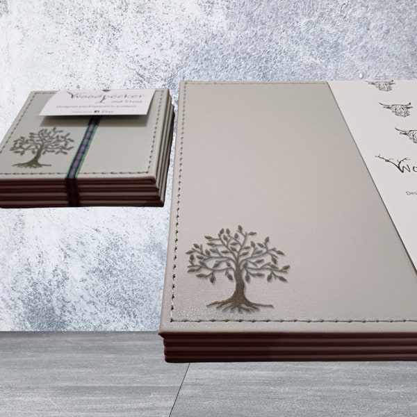 Grey Faux Leather 1 Placemat and 1 Coaster Set Engraved in UK Tree of Life Home Gift