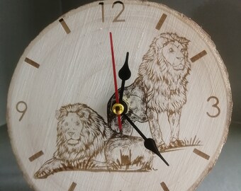 Wooden Table / Wall Clock Engraved Lions Lovely Clock with Hook and Stand