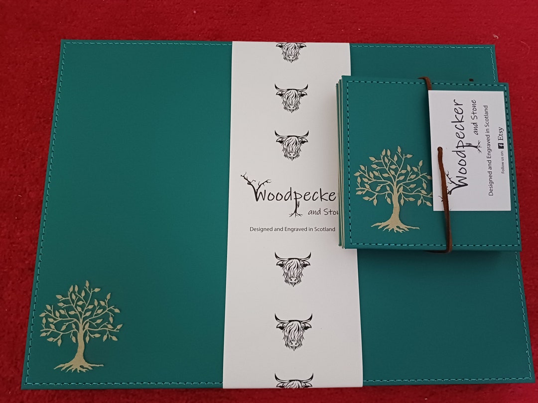 Green and Taupe Faux Leather Set of 4 Placemats and Coasters Etsy