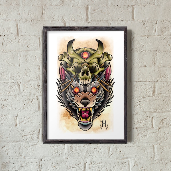 Wolf Skull | Neo-Traditional Tattoo Style Illustration