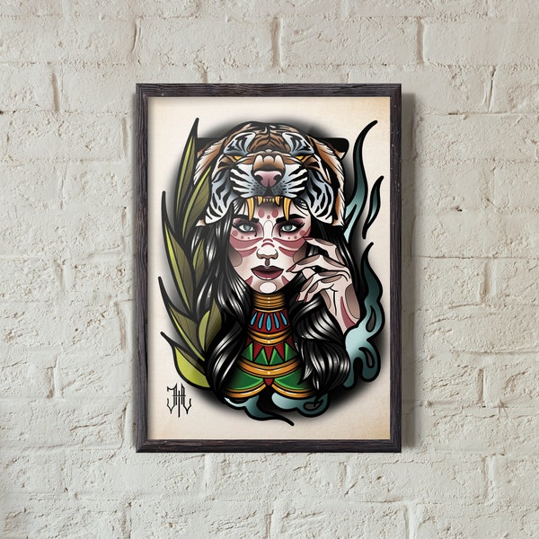 Girl Tiger Head | Neo-Traditional Style Illustration