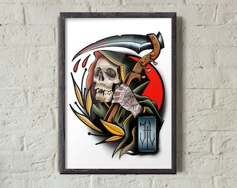 Skull Jazz Reaper | Grim Reaper | Neo-traditional Tattoo Style Illustration | Digital Download