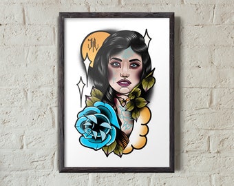 Girl with Blue Rose | Neo-Traditional Tattoo Style Illustration