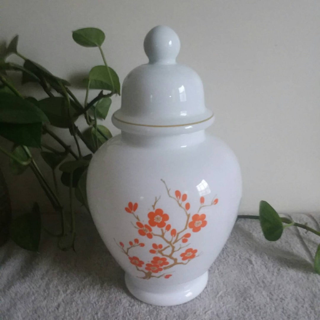 Vintage Ginger Jar AVON Made in Italy White Glass Orange and Gold Floral Mcm 1960s Ginger Jar Etsy