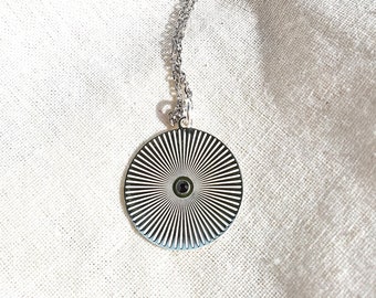 Medallion, Black strass Striped, Coin Pendant Necklace, 925 Sterling Silver, Minimalist Pendant