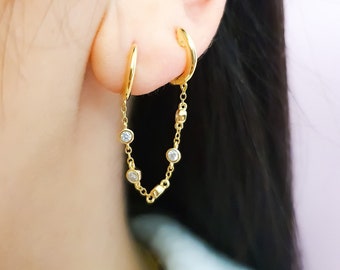 Double link earrings, Linked hoop earrings, 18k Gold plated in Sterling silver, Double Piercing Earring, double Huggies earrings.