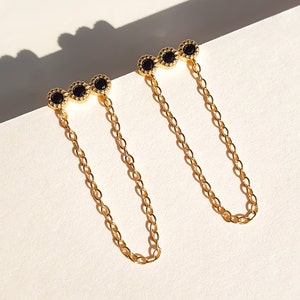 Chain earrings with Black zircons, sterling silver in gold plated, long earrings, minimalist earrings, threaders chain drop earrings.