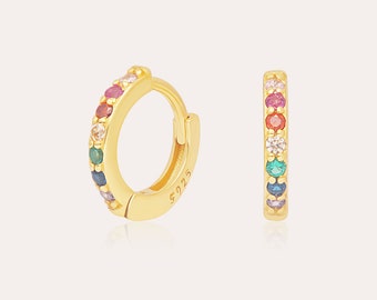 Mini Multicolor CZ Huggies Hoop Earrings, 18K Gold plated, small Huggies, Colorful Zircons Hoops, Minimalist Hoops, Rainbow Earrings.