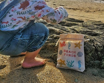 Beach Combing collection bag, drawstring bag, sea glass bag, seaside collection bag, treasures, storage, tidy, play, unisex, adult bag kids