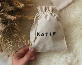 Personalised Organic Cotton Gift Bag, Wedding Favour, Bridesmaid Gift, Party Bag, Rustic, Linen Mini Drawstring bag, Name or Initials, boho