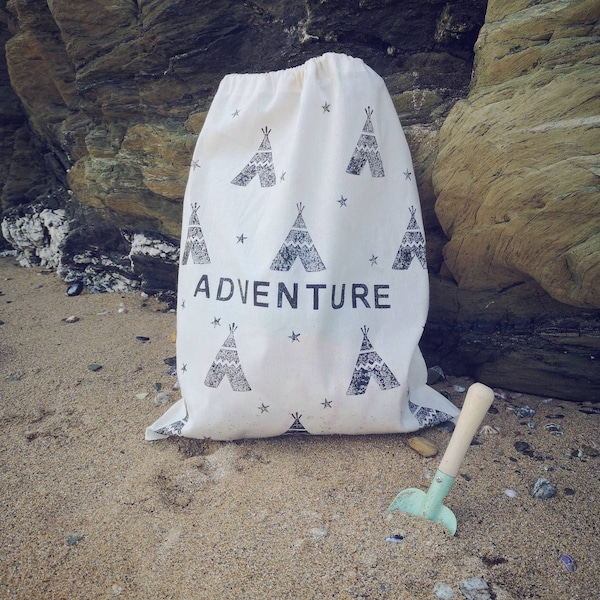 Tipi drawstring bag, children's scandi adventure, camping bag, monochrome, personalised sack, storage bag, handmade, kids, name, minimalist