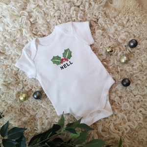 Personalised Christmas Cotton Sleepsuit, Bodysuit, wreath, newborn Baby, Handmade, Printed, Name, Initials, cotton, unisex, shower, gift, image 1