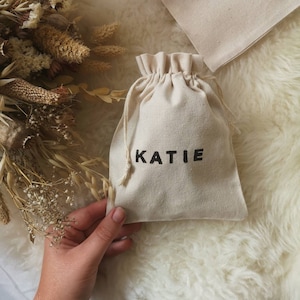Personalised Organic Cotton Gift Bag, Wedding Favour, Bridesmaid Gift, Party Bag, Rustic, Linen Mini Drawstring bag, Name or Initials, boho