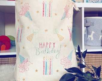 Reusable  Happy Birthday gift sack, personalised sustainable gift bag,  handmade, choice of designs, custom, name, initials, snack, rucksack