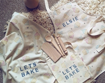 Personalised Children's apron and baking set, name, initials, bag, utensils,  tea towel, adjustable, kit, gift, handmade, rainbow, dinosaur