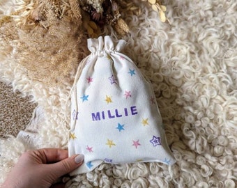 Personalised Organic Cotton Party Bag Wedding Favour, Bridesmaid Gift, Party Bag, Rustic, Linen Mini Drawstring bag Name Initials, boho kids