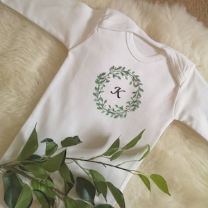 Personalised Christmas Cotton Sleepsuit, Bodysuit, wreath, newborn Baby, Handmade, Printed, Name, Initials, cotton, unisex, shower, gift, image 4