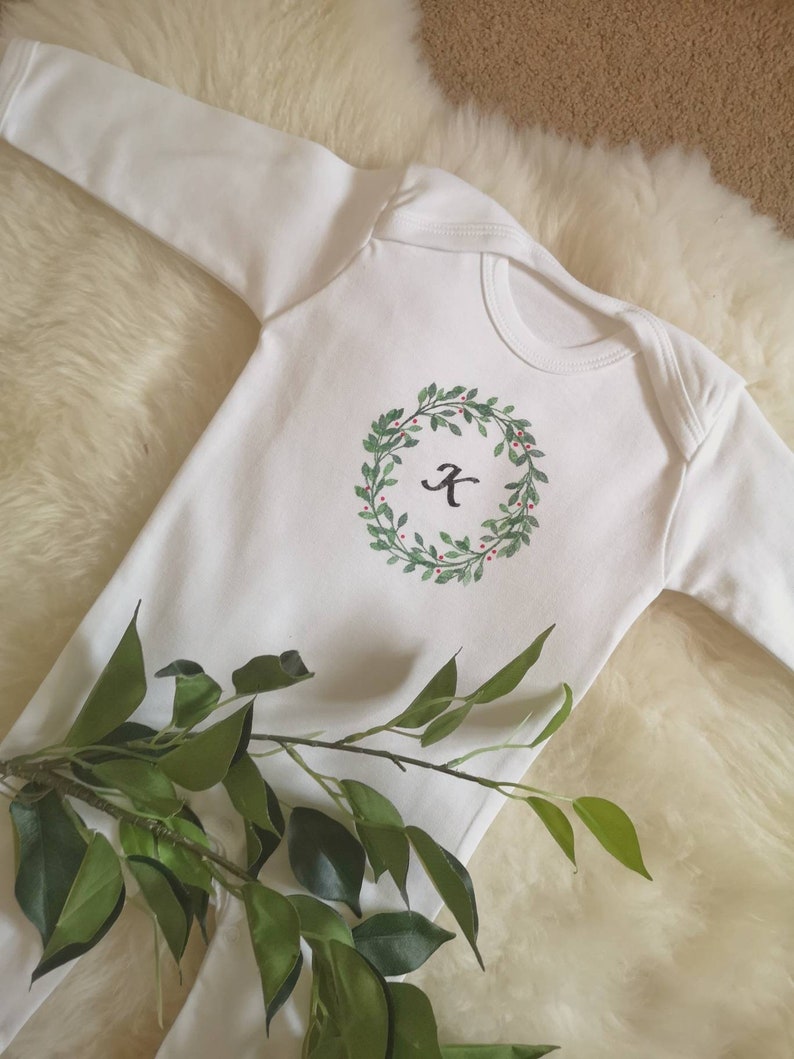 Personalised Christmas Cotton Sleepsuit, Bodysuit, wreath, newborn Baby, Handmade, Printed, Name, Initials, cotton, unisex, shower, gift, image 4