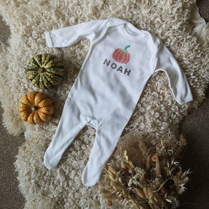 Personalised Halloween Organic Cotton Sleepsuit, Bodysuit, vest, t-shirt, Pumpkin, Baby, Handmade, Printed, Name, Initials, cotton, unisex, image 4