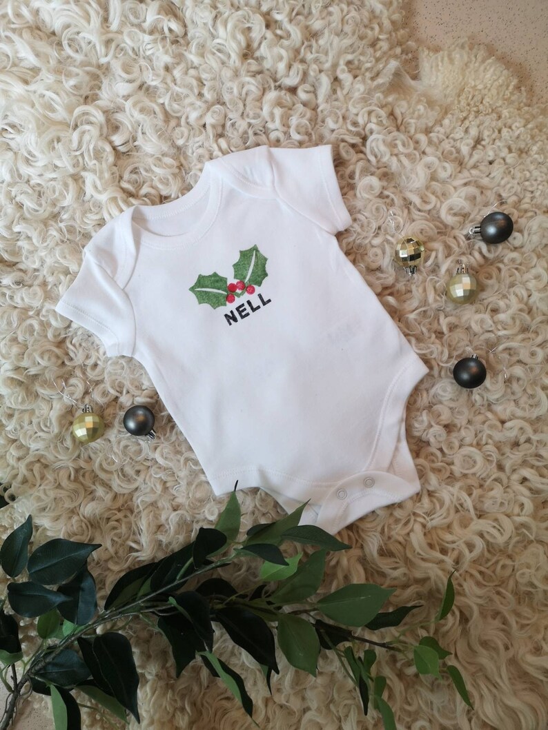 Personalised Christmas Cotton Sleepsuit, Bodysuit, wreath, newborn Baby, Handmade, Printed, Name, Initials, cotton, unisex, shower, gift, image 1