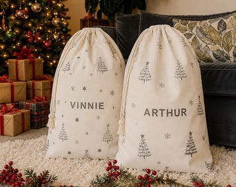 Personalised Christmas Sack: Hand Printed Cotton Drawstring Bag