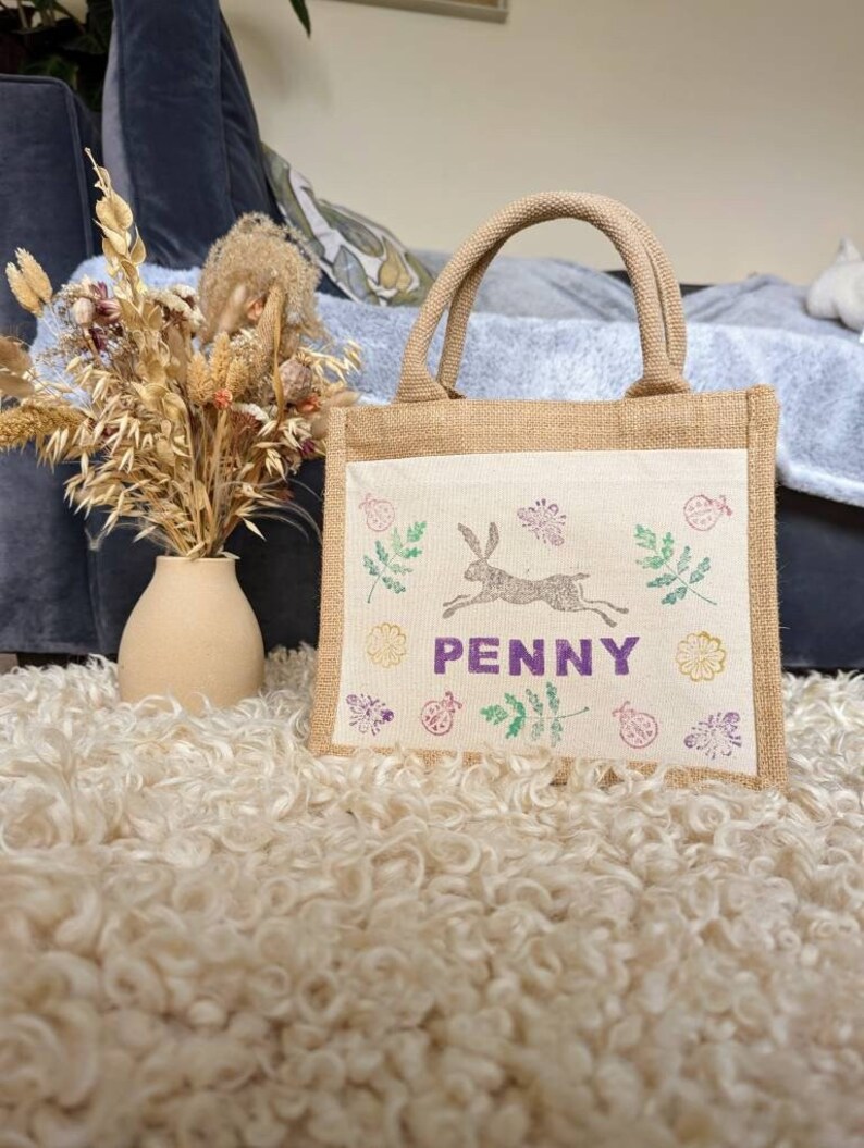 Personalised Easter Egg Hunt Bags, children's spring gift, Easter basket, bucket, bunny, mini Tote, kids, small, drawstring, sack, storage image 1