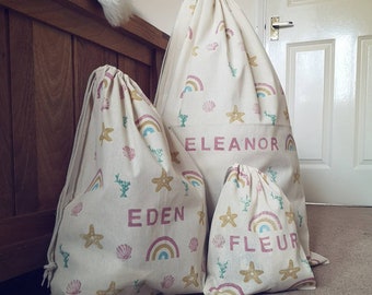 Personalised drawstring bags, cotton, handmade, children choice of designs, custom, name, initials, snack, rucksack, p.e, swimming, kids