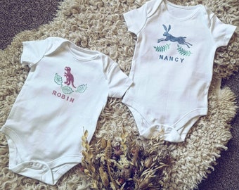 Personalised Organic Cotton Baby Grow, Newborn Gift, Bodysuit, Baby vest, GOTS, Name, Pregnancy Announcement, Sleepsuit, Rainbow, Dinosaur