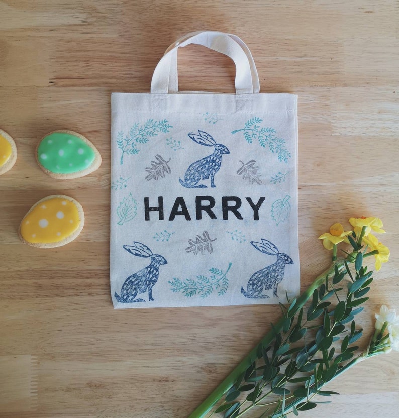 Personalised Easter Egg Hunt Bags, children's spring gift, Easter basket, bucket, bunny, mini Tote, kids, small, drawstring, sack, storage image 7