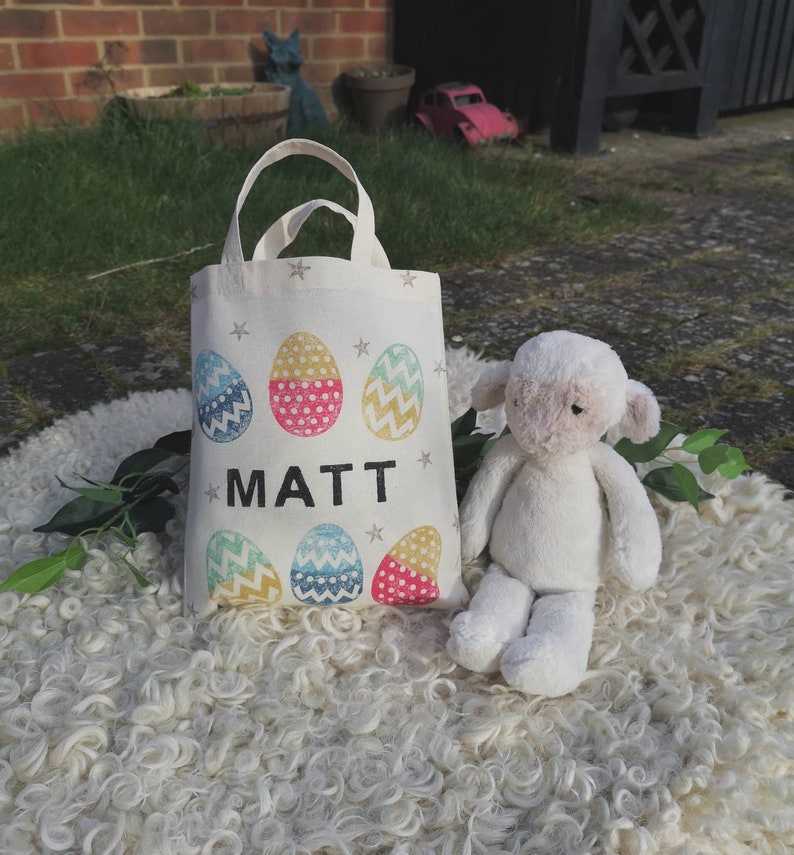 Personalised Easter Egg Hunt Bags, children's spring gift, Easter basket, bucket, bunny, mini Tote, kids, small, drawstring, sack, storage image 3