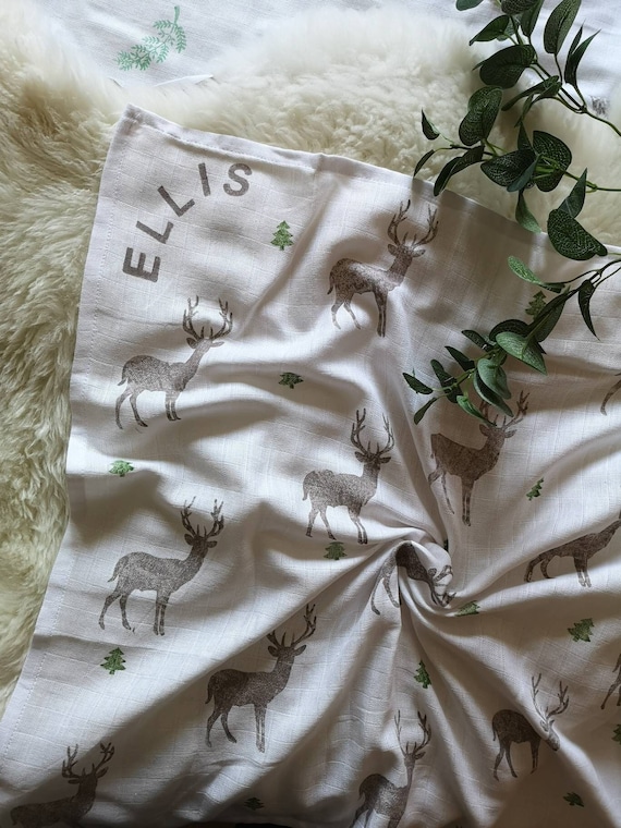 Personalised Christmas Muslin, Baby Gift, Cotton, Snowflake, Stag