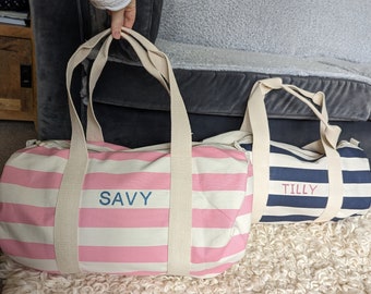 Personalised nautical barrel bag, initials, striped gym bag, personalised holdall, weekend bag, overnight bag, name, getaway, sports duffel