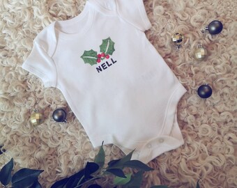 Personalised Christmas baby vest, name, snowflake, Holly, first Christmas, 2021, any text, top, cotton, tree, star, stag, reindeer, grey