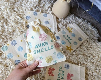 Personalised beach shell collection bag, beach finds, beach combing bag, kids shell bag, sea glass bag, design, name, handmade, cotton