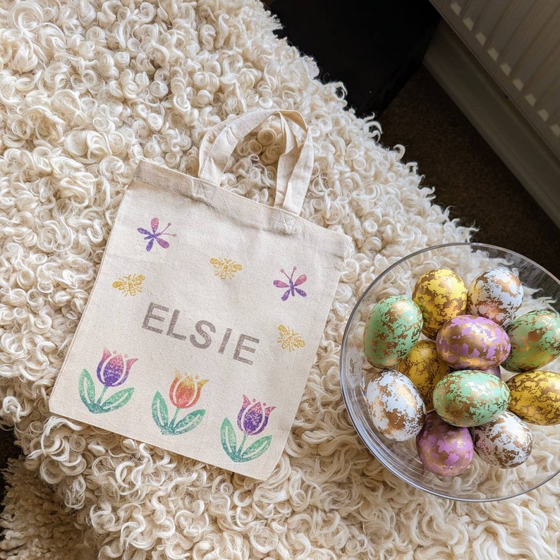 Personalised Easter Egg Hunt Bags, children's spring gift, Easter basket, bucket, bunny, mini Tote, kids, small, drawstring, sack, storage image 2