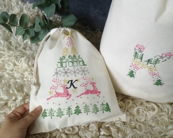 Personalised Christmas Sack, Drawstring Bag, Initial, Name, Reusable Gift Bag, Cotton, Sustainable, Tree, Childrens, Kids, Adults, handmade